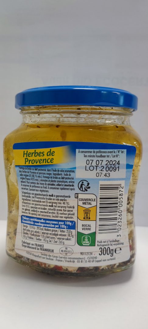 Visuel N°2 du produit rappelé : Bocal Dès de fromages de brebis aromatisés aux Herbes de Provence et poivrons 300g