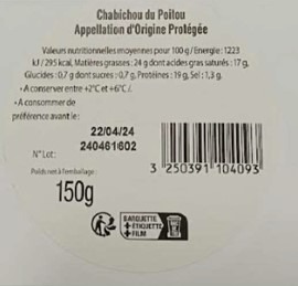 Visuel N°2 du produit rappelé : FRAIS EMB CHABICHOU DU POITOU 150g ITM