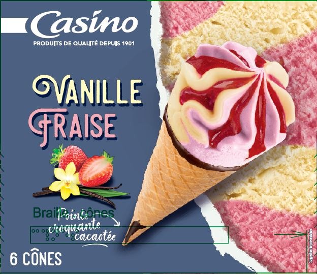 Visuel N°2 du produit rappelé : Cônes glacés x6 720ml CASINO Vanille/Fraise, Caramel Beurre salé, Vanille/Chocolat