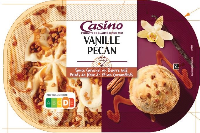 Visuel N°2 du produit rappelé : Bacs glaces 900ml CASINO Façon rocher, Vanille Pécan, Saveur crème brûlée