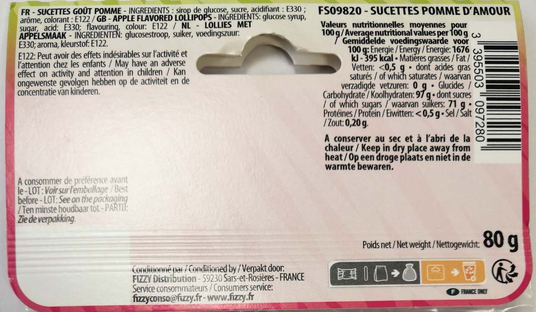 Visuel N°2 du produit rappelé : FIZZY SWEET SUCETTES POMME D'AMOUR