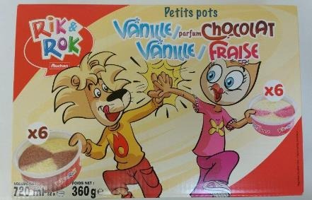 Visuel N°2 du produit rappelé : AUCHAN KIDS - RIK ET ROK POTS VANILLE FRAISE ET VANILLE CHOCOLAT 60ML X12 
