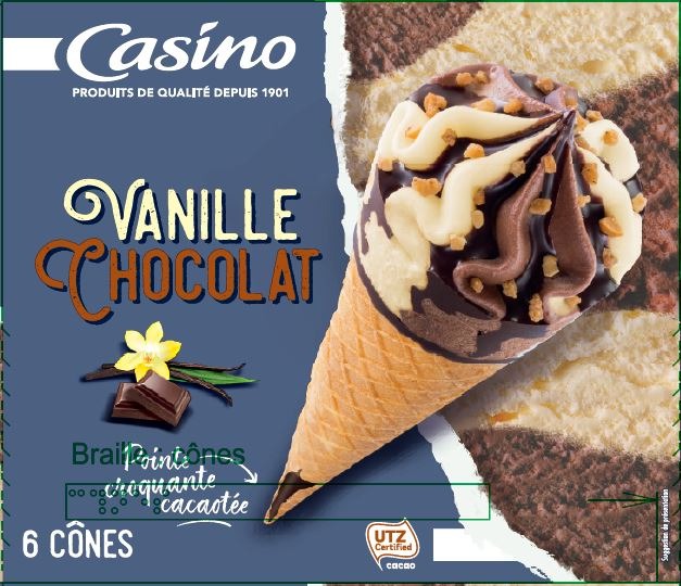 Visuel N°3 du produit rappelé : Cônes glacés x6 720ml CASINO Vanille/Fraise, Caramel Beurre salé, Vanille/Chocolat